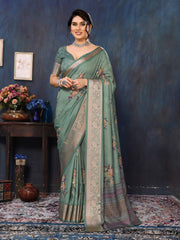 Green Velvet Tussar Silk Woven Jacquard Saree-SNGT2003