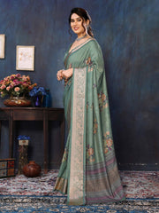 Green Velvet Tussar Silk Woven Jacquard Saree