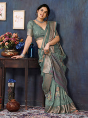 Green Velvet Tussar Silk Woven Jacquard Saree