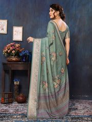 Green Velvet Tussar Silk Woven Jacquard Saree