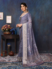 Purple Velvet Tussar Silk Woven Jacquard Saree