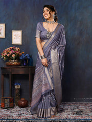 Purple Velvet Tussar Silk Woven Jacquard Saree