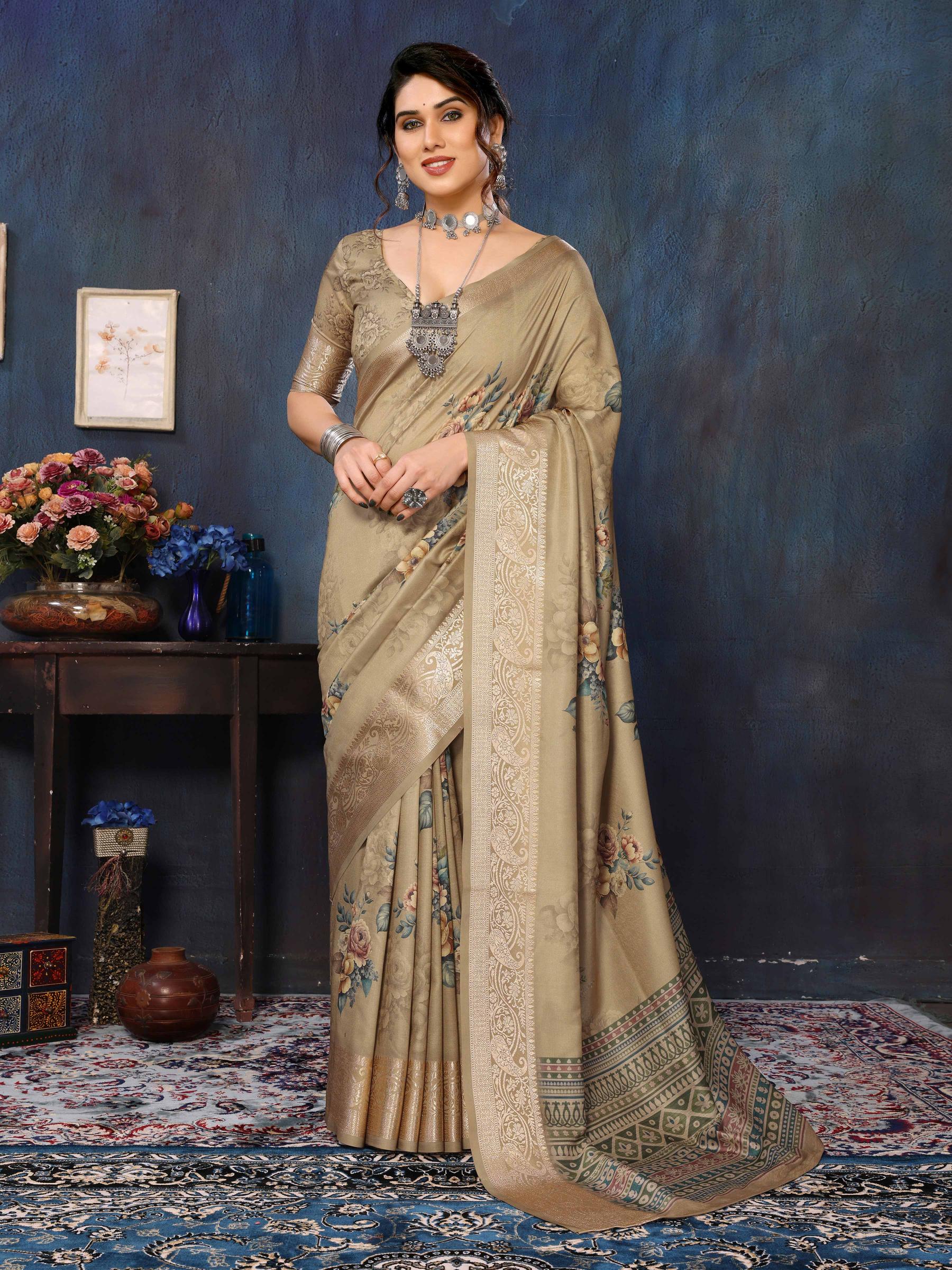 Beige Velvet Tussar Silk Woven Jacquard Saree-SNGT2006