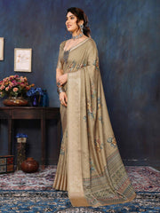 Beige Velvet Tussar Silk Woven Jacquard Saree