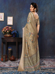 Beige Velvet Tussar Silk Woven Jacquard Saree