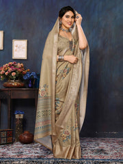 Beige Velvet Tussar Silk Woven Jacquard Saree