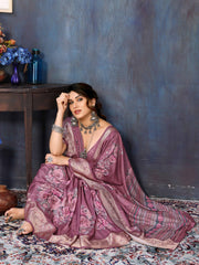 Pink Velvet Tussar Silk Woven Jacquard Saree