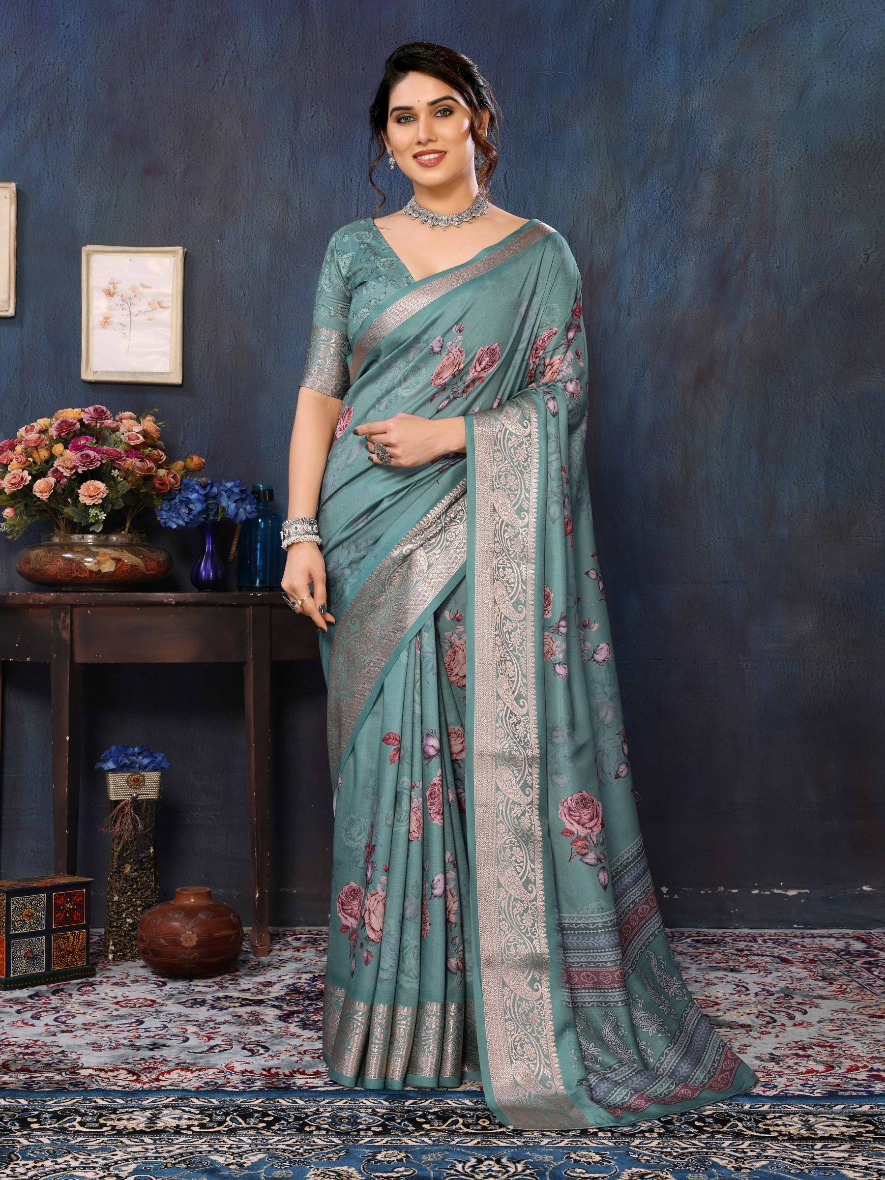 Green Velvet Tussar Silk Woven Jacquard Saree-SNGT2008