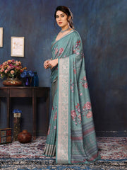 Green Velvet Tussar Silk Woven Jacquard Saree