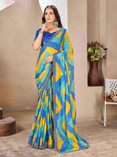 Yellow & Blue Moss chiffion Bandhani Print Saree-SRDHA1002