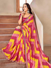 Yellow & Pink Moss chiffion Bandhani Print Saree