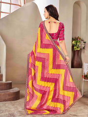 Yellow & Pink Moss chiffion Bandhani Print Saree