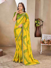 Yellow & Green Moss chiffion Bandhani Print Saree-SRDHA1004