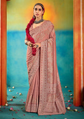Peach Velvet Tussar Silk Printed Saree