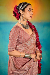 Peach Velvet Tussar Silk Printed Saree