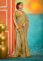 Olive Green Velvet Tussar Silk Printed Saree