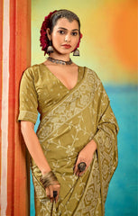 Olive Green Velvet Tussar Silk Printed Saree