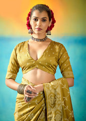 Olive Green Velvet Tussar Silk Printed Saree