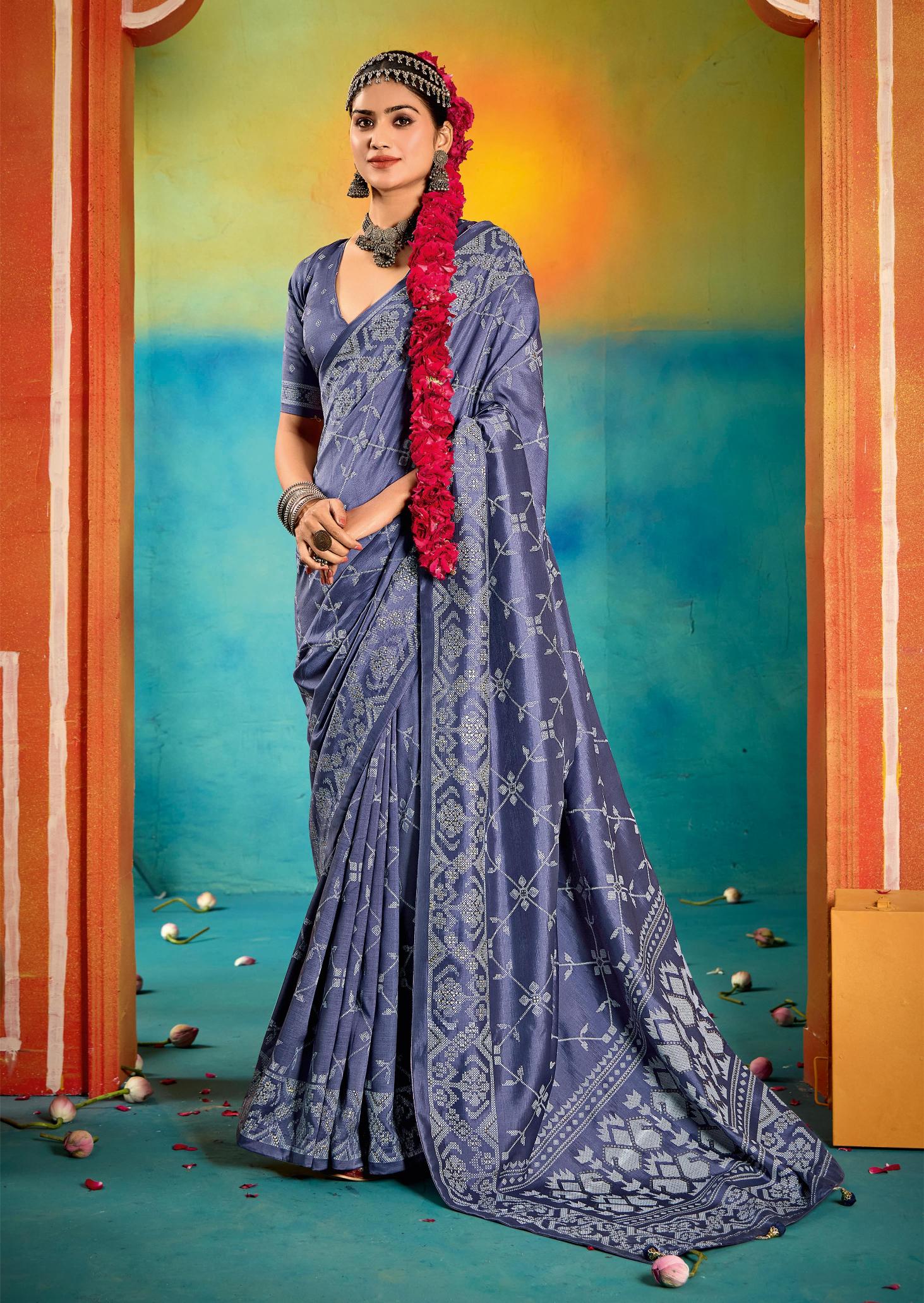 Blue Velvet Tussar Silk Printed Saree