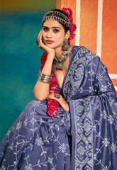 Blue Velvet Tussar Silk Printed Saree