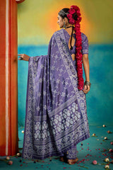 Blue Velvet Tussar Silk Printed Saree