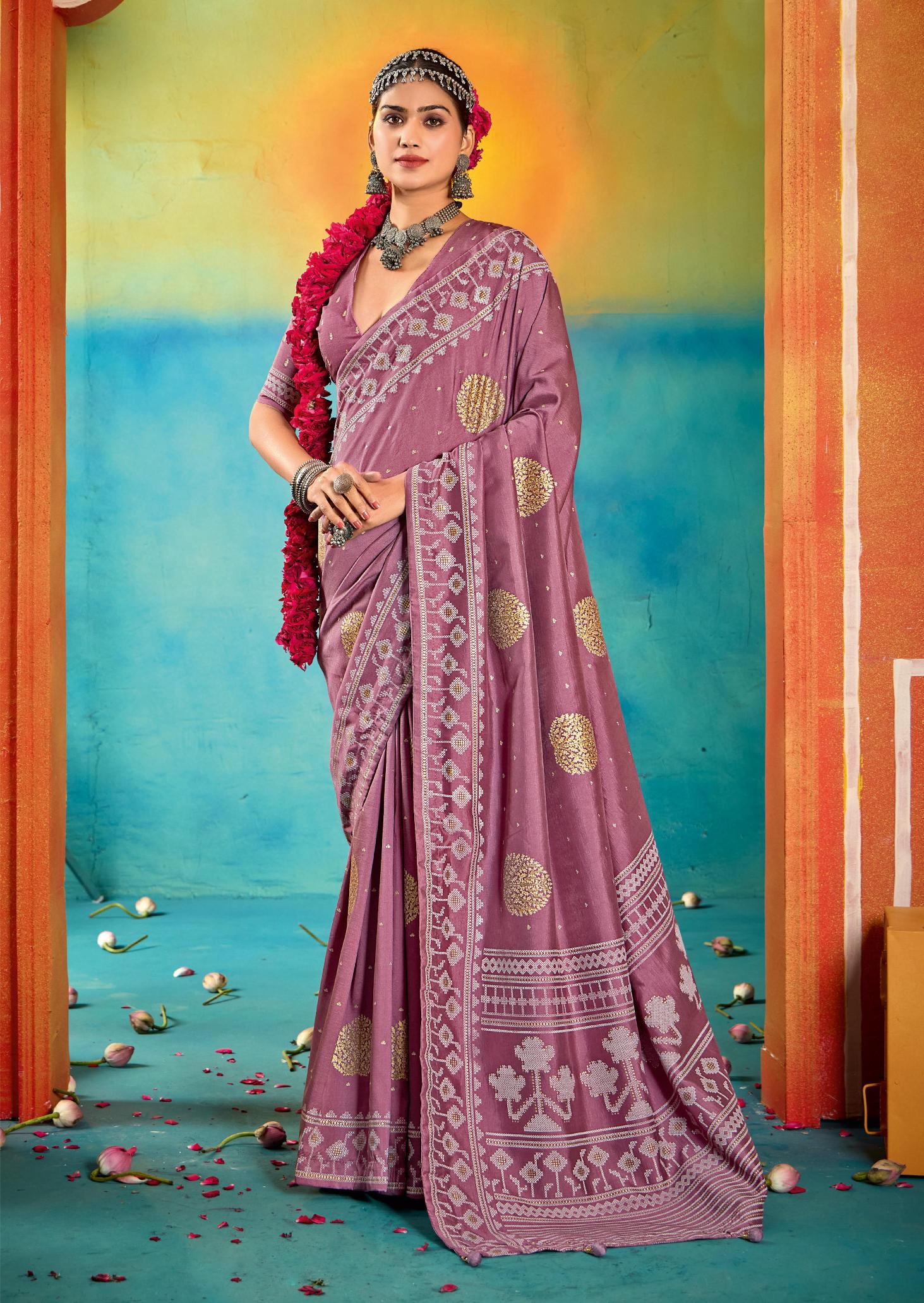 Lavender Velvet Tussar Silk Printed Saree