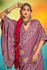 Lavender Velvet Tussar Silk Printed Saree