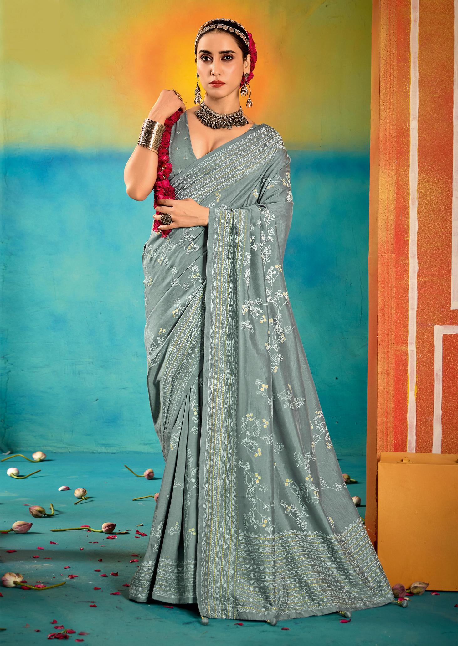 Grey Velvet Tussar Silk Printed Saree