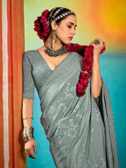Grey Velvet Tussar Silk Printed Saree