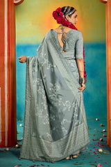 Grey Velvet Tussar Silk Printed Saree