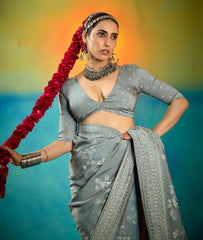 Grey Velvet Tussar Silk Printed Saree