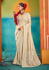 Cream Velvet Tussar Silk Printed Saree