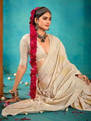 Cream Velvet Tussar Silk Printed Saree