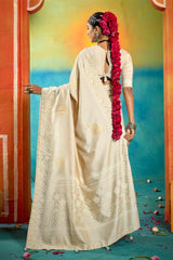 Cream Velvet Tussar Silk Printed Saree