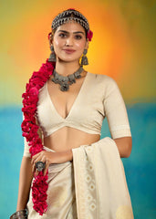 Cream Velvet Tussar Silk Printed Saree