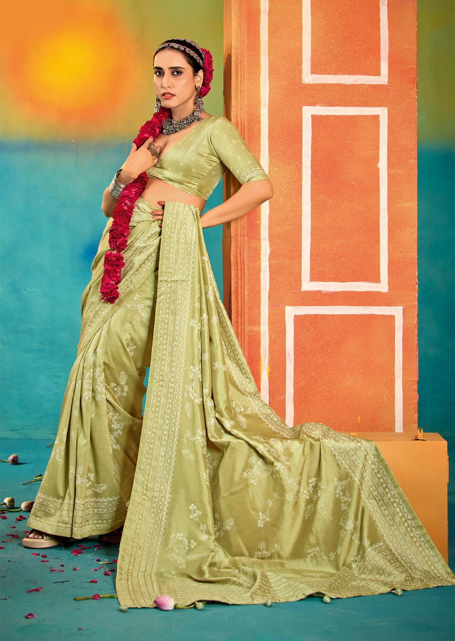 Pista Green Velvet Tussar Silk Printed Saree