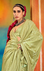 Pista Green Velvet Tussar Silk Printed Saree