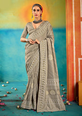 Steel Grey Velvet Tussar Silk Printed Saree