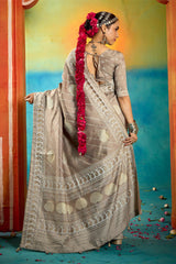Steel Grey Velvet Tussar Silk Printed Saree