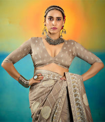 Steel Grey Velvet Tussar Silk Printed Saree