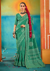Teal Velvet Tussar Silk Printed Saree