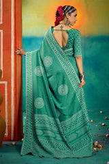Teal Velvet Tussar Silk Printed Saree