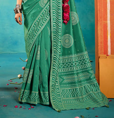 Teal Velvet Tussar Silk Printed Saree