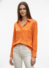 Orange Floral Print Poly Crepe Long Sleeve Shirt