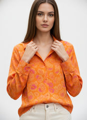 Orange Floral Print Poly Crepe Long Sleeve Shirt