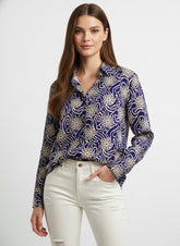 Navy Blue & Cream Poly Crepe Floral Printed Shirt