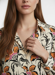 Cream & Orange Poly Crepe Floral Printed Long Sleeves Shirt