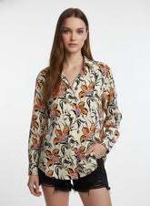 Cream & Orange Poly Crepe Floral Printed Long Sleeves Shirt
