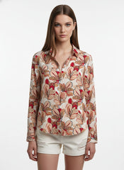 Peach &White Poly Crepe Floral Printed Shirt