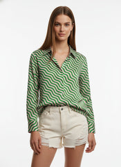 Green & White Poly Crepe Multi Stripes Printed Shirt